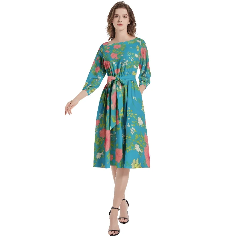 Oversized-trendyBoat Neck Belted Flared Dress