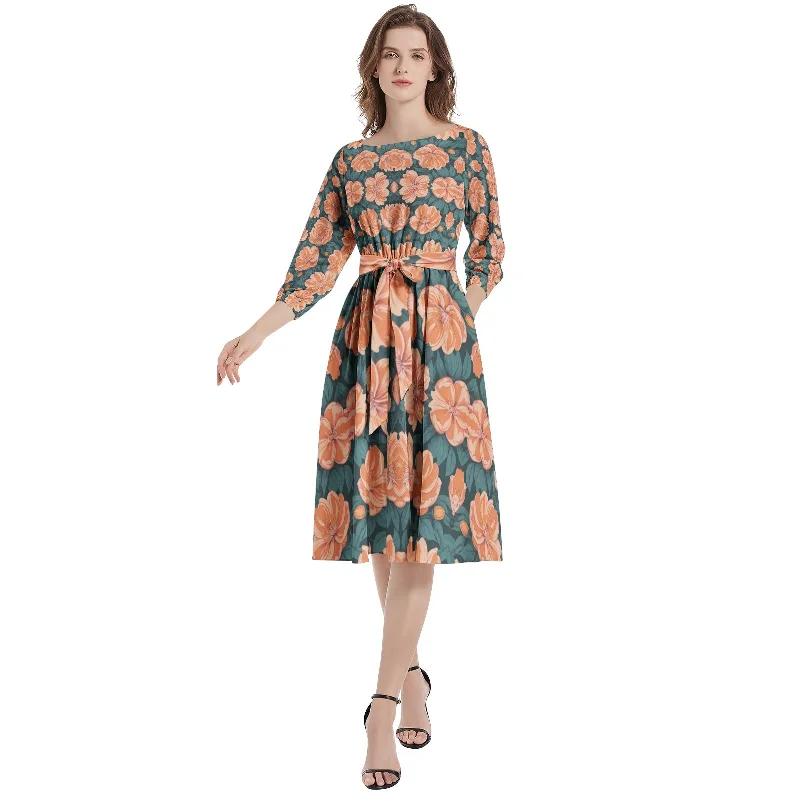 Graphic-heavyBoat Neck Belted Flared Dress