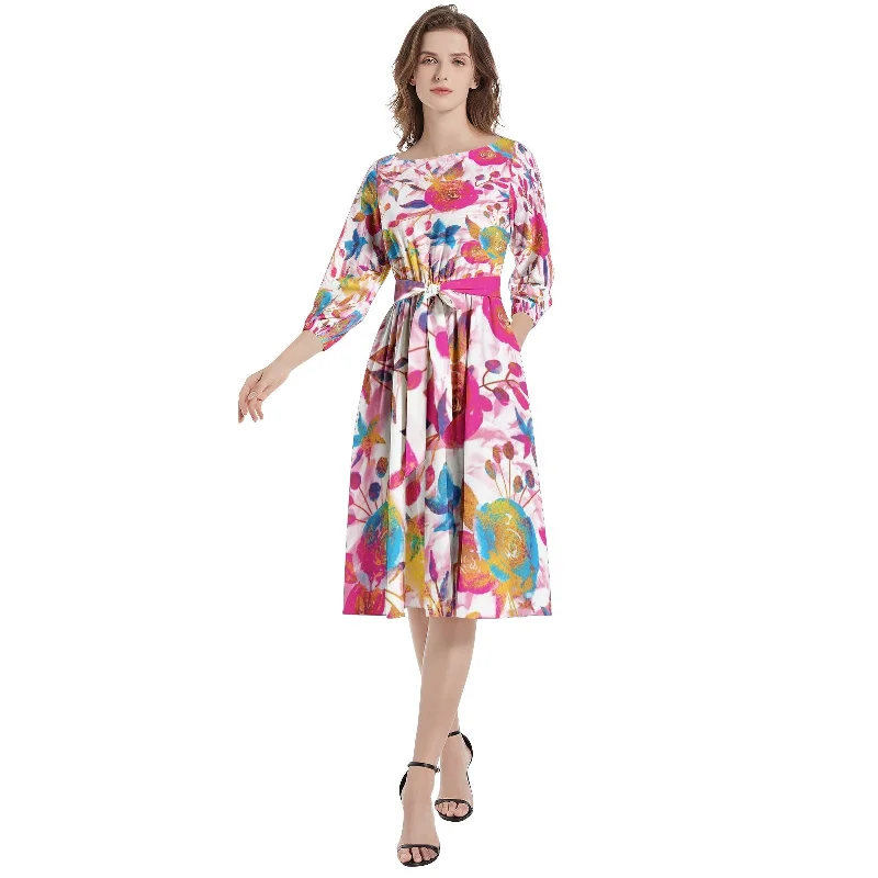 Sporty-streetBoat Neck Belted Flared Dress