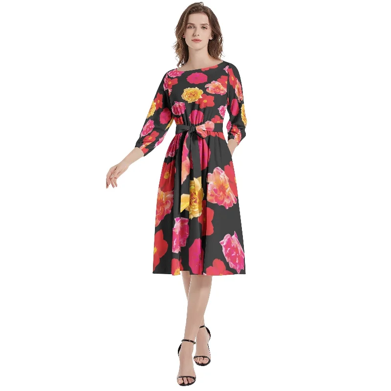 Grunge-inspiredBoat Neck Belted Flared Dress