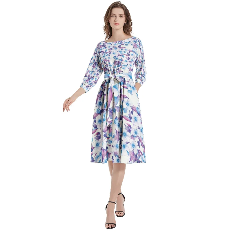 Laid-back-luxeBoat Neck Belted Flared Dress