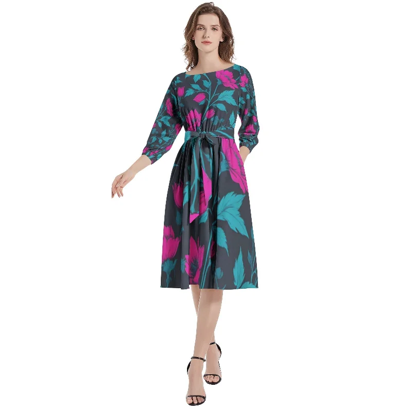 Edgy-streetwearBoat Neck Belted Flared Dress