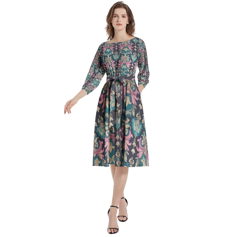 Underground-chicBoat Neck Belted Flared Dress
