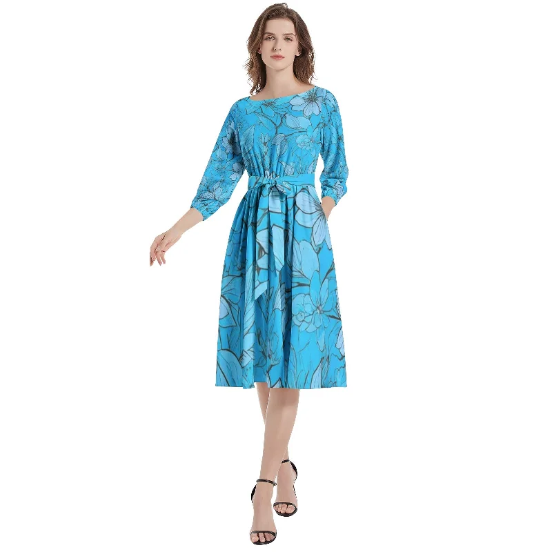 Urban-styleBoat Neck Belted Flared Dress