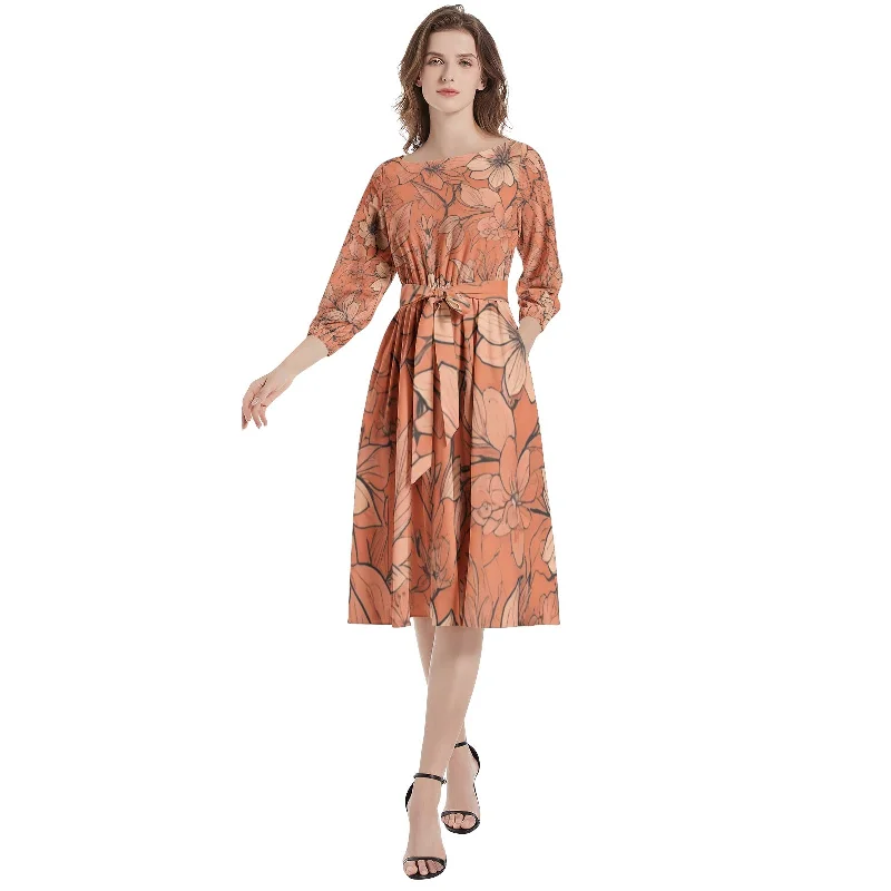 Street-coolBoat Neck Belted Flared Dress