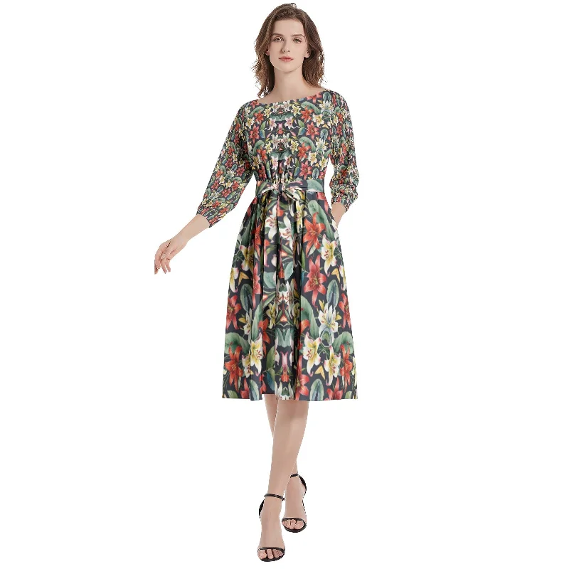 Polished-glamBoat Neck Belted Flared Dress