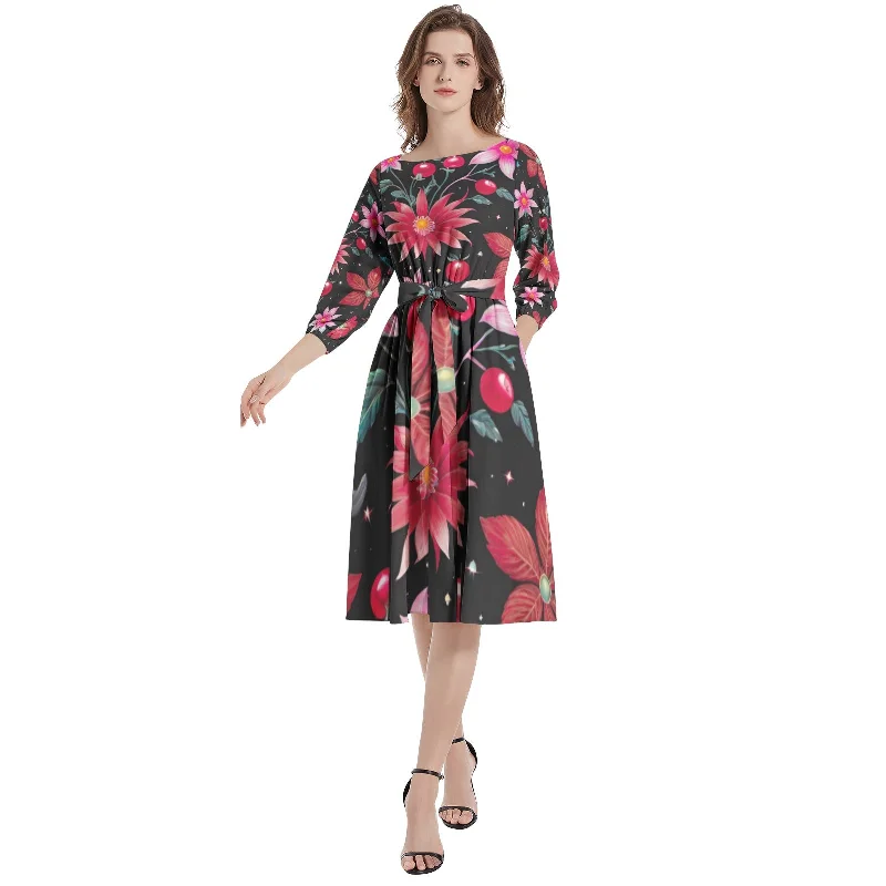 Chic-tailoredBoat Neck Belted Flared Dress