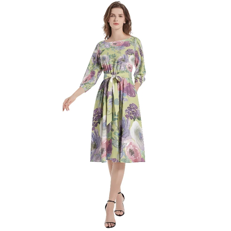 Moto-inspiredBoat Neck Belted Flared Dress