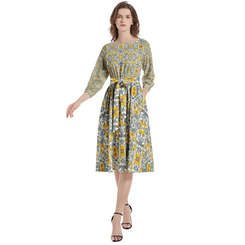 Workwear-inspiredBoat Neck Belted Flared Dress