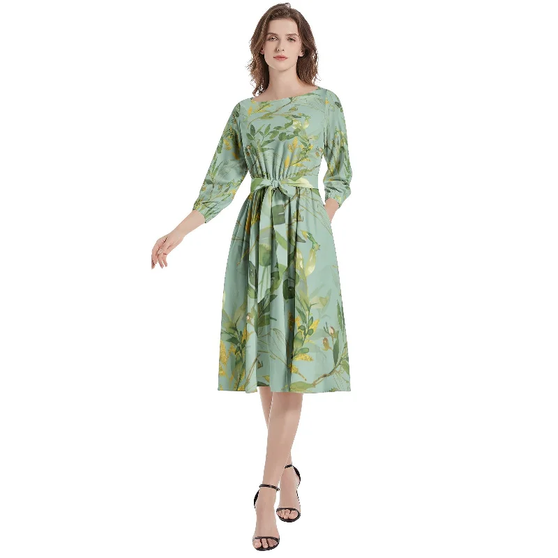 Denim-on-denimBoat Neck Belted Flared Dress