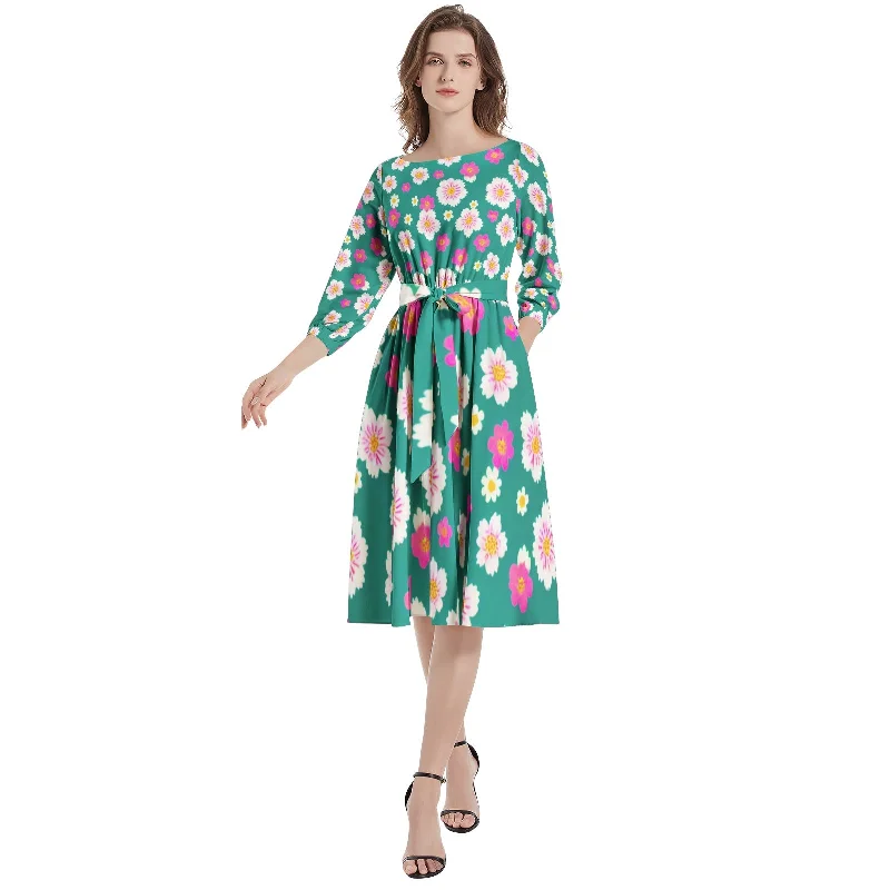 Cool & casualBoat Neck Belted Flared Dress