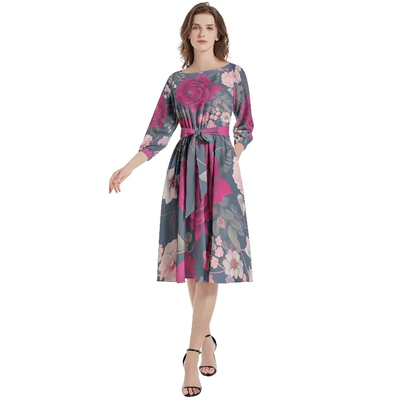 Skate-inspiredBoat Neck Belted Flared Dress