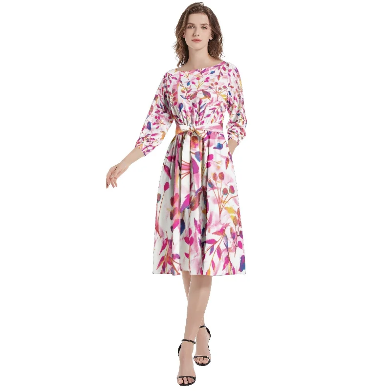 Functional-streetBoat Neck Belted Flared Dress