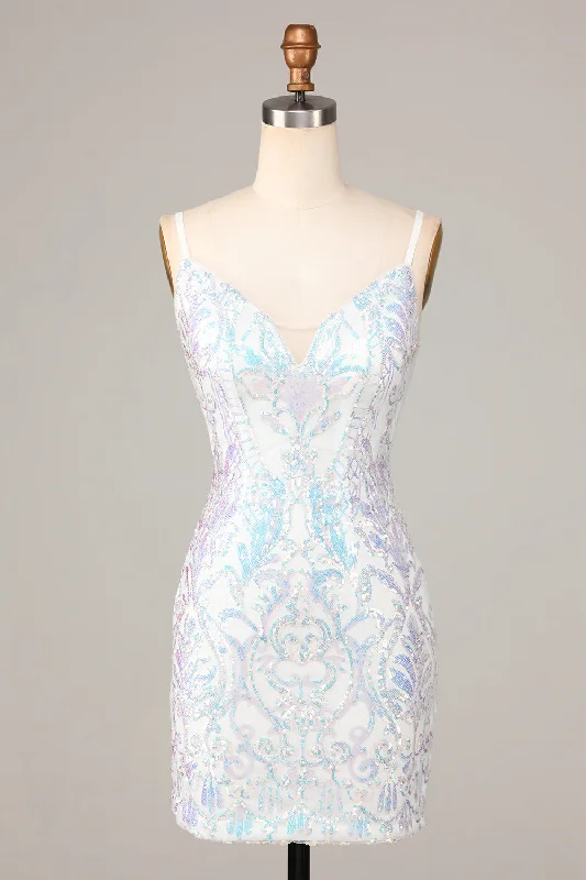 80s-inspiredExquisite Outlook Sheath Spaghetti Straps White Sequins Short Homecoming Dress