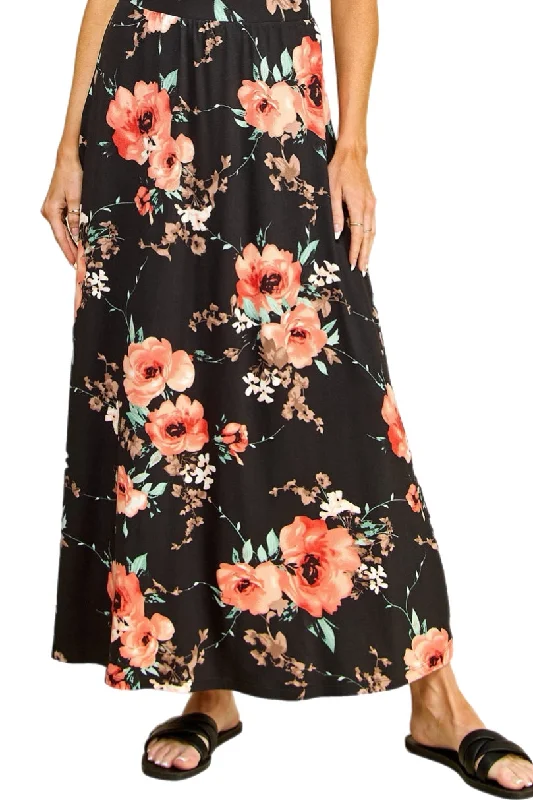SophisticatedFlared Maxi Skirt in Black Floral or Wine Floral Style 1434P