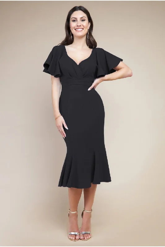 LavishGoddiva Flared Sleeve Front Wrap Midi Dress - Black