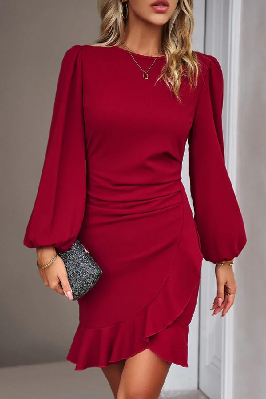 ChicPuff Sleeve Round Neck Solid Ruffle Hem Bodycon Dress