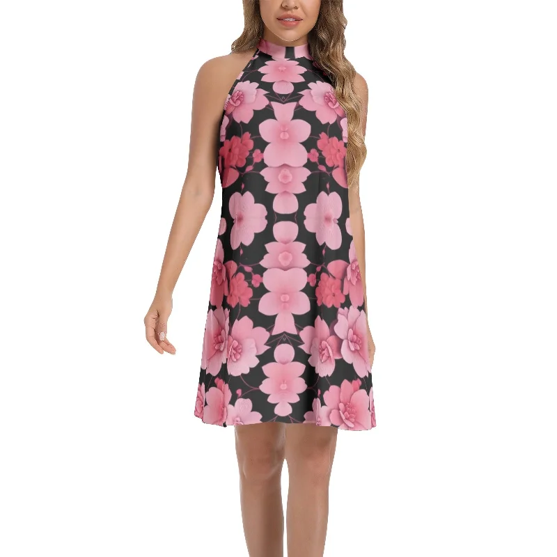 Fashion-forwardSilver grey white hair inspiration Back Halter Neck Flared pink flower Dress
