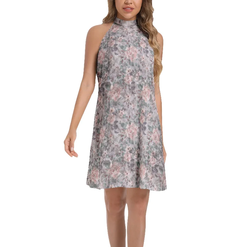 Chic-effortlessSilvia Grey white hair Tie Back Halter Neck Flared Dress