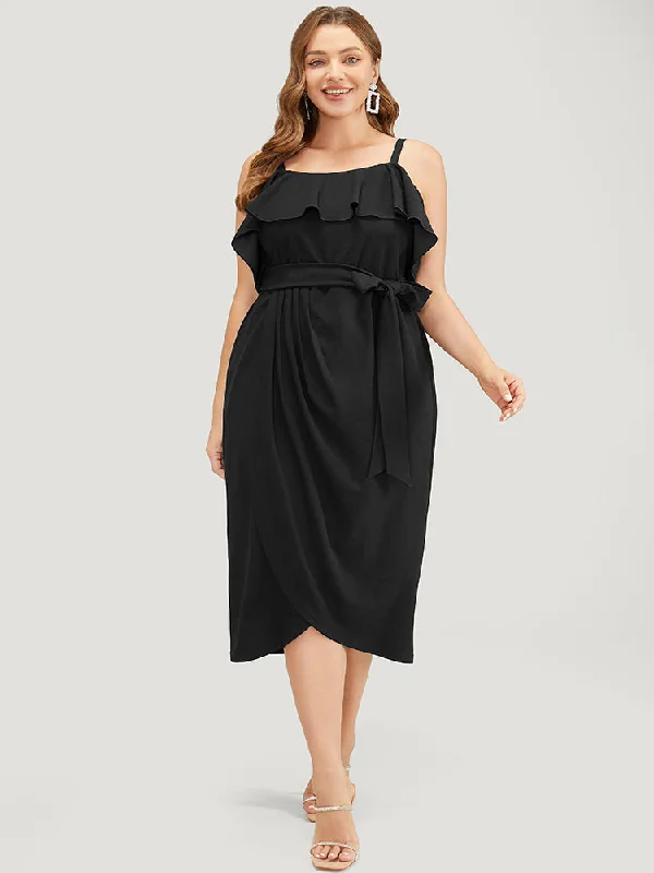 Graceful movementSolid Ruffle Trim Belt Pleated Detail Bodycon Cami Dress