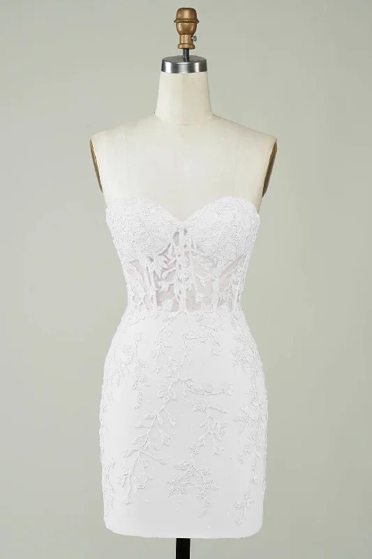 VictorianSpaghetti Straps Bodycon Simple White Graduation Dress with Appliques