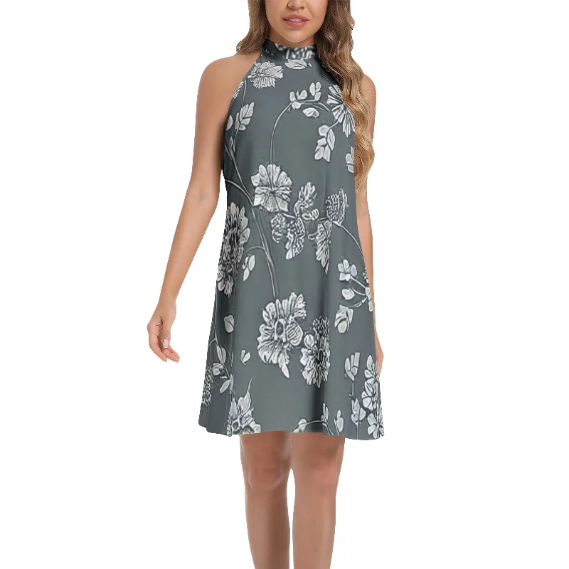 Neutral-tonedTie Back Halter Neck Flared Dress