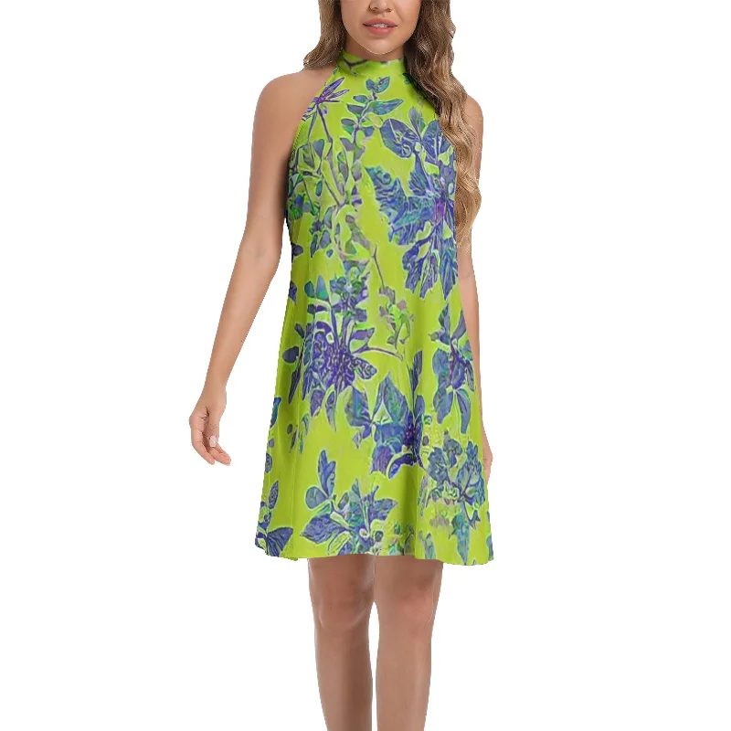 Rich-texturedTie Back Halter Neck Flared Dress