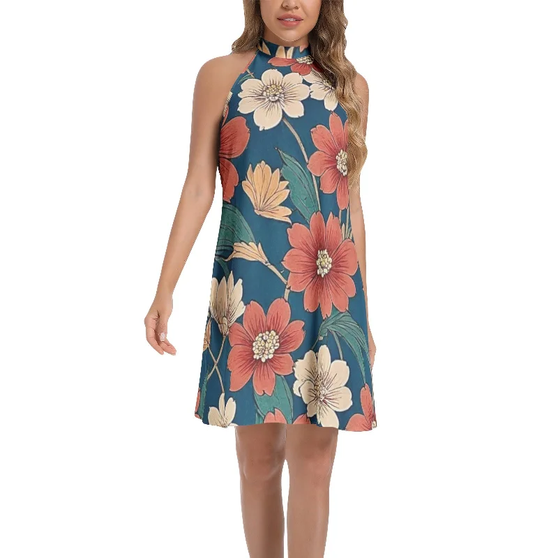 Effortlessly-stylishTie Back Halter Neck Flared Dress
