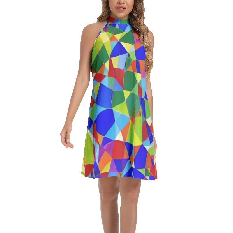 High-end-inspiredTie Back Halter Neck Flared Dress