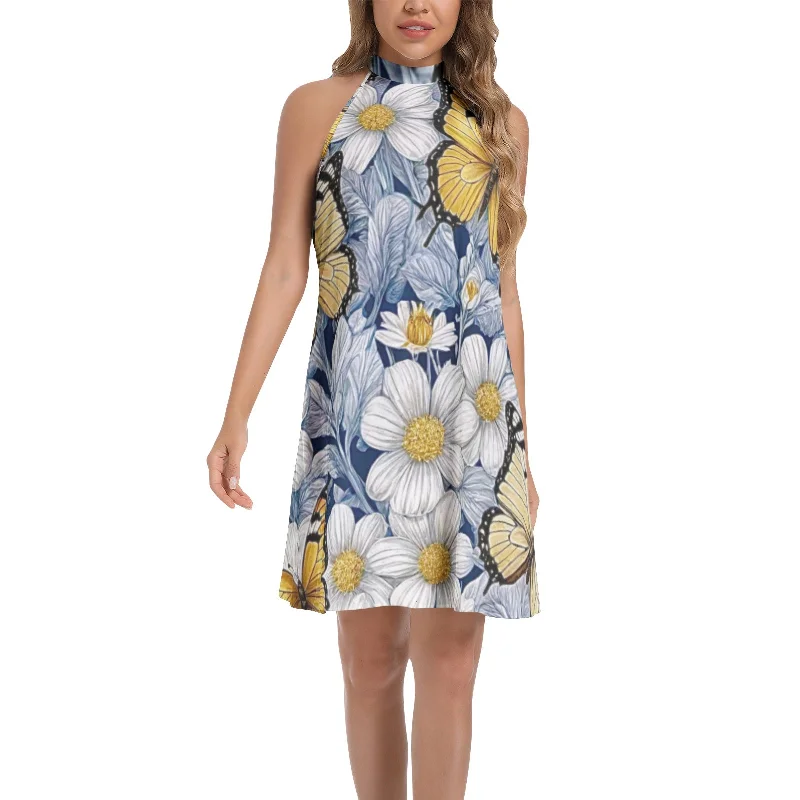 Classic-cutTie Back Halter Neck Flared Dress