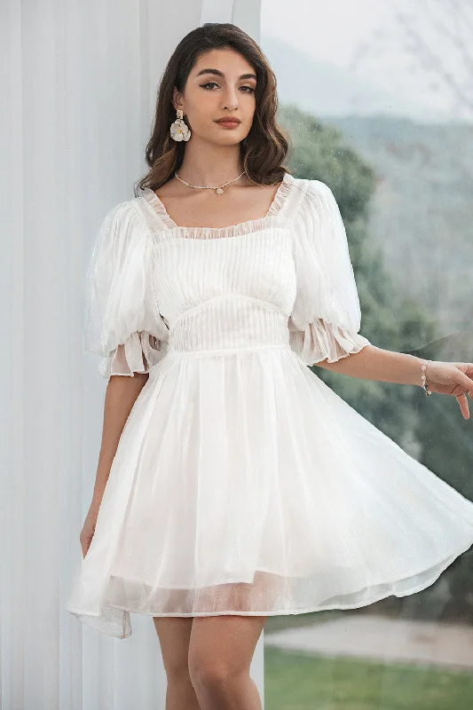 Runway-readyCute Tulle Pleated White Graduation Dress with Lace-up Back