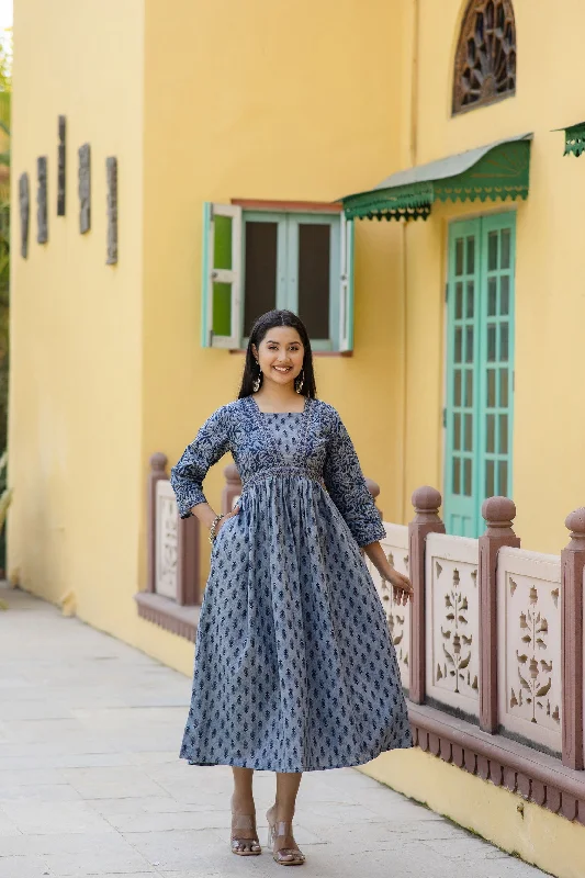 GracefulWomen Grey Ethnic Printed Flared Dress