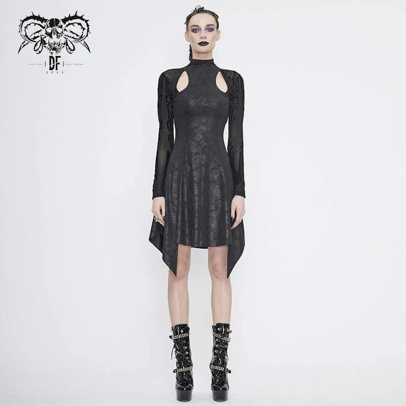 Modern-eleganceWomen's Gothic Asymmetrical Flared Long Sleeved Dresses with Tear-Drop Cut-out Details