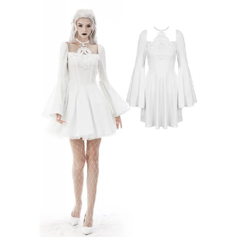 Neutral-paletteWomen's Gothic Flared Sleeved Floral Embroidered Wedding Dress White