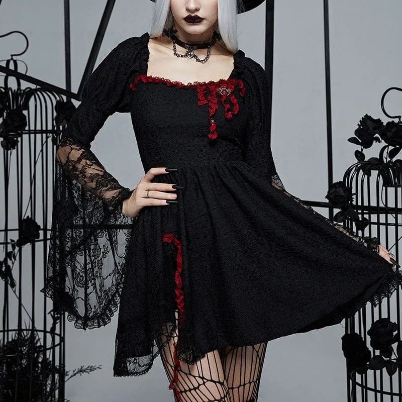 Feminine & simpleWomen's Gothic Flared Sleeved Lace Splice Dress