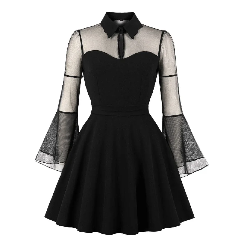 Minimal-glamWomen's Gothic Flared Sleeved Mesh Splice Grad Dress