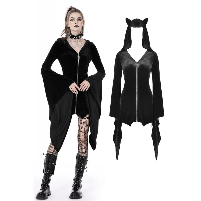 Ultra-modernWomen's Gothic Flared Sleeved Velvet Dress with Cat Ear Hood