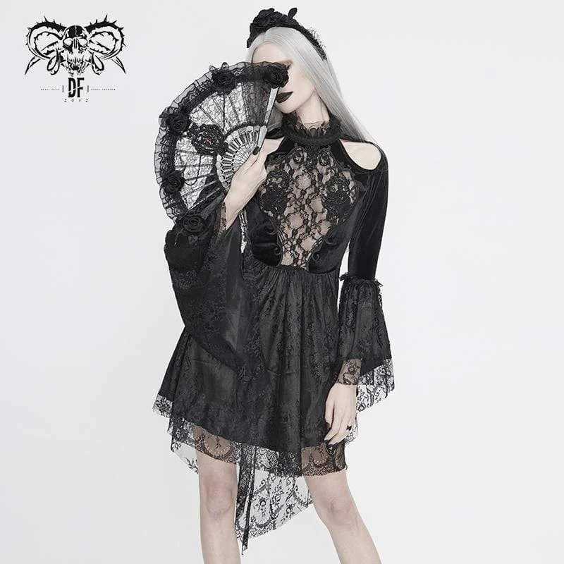 Structured-simplicityWomen's  Vintage Gothic Black Lace Over-lay Short Dress with Full Flared Sleeves Wedding Dress