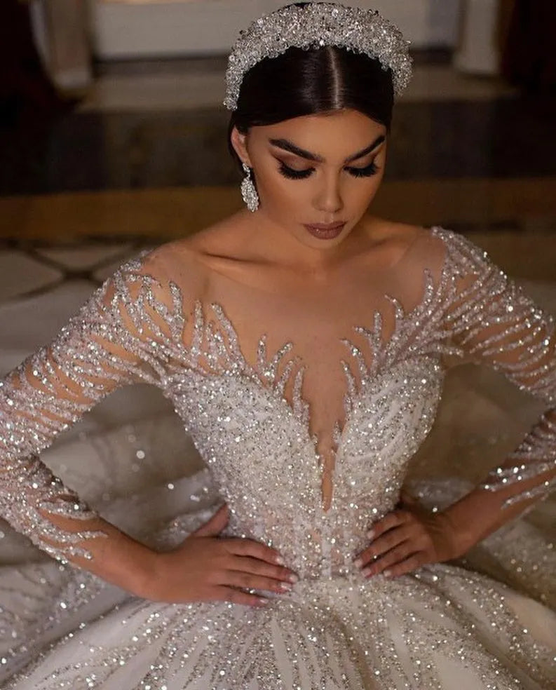 Laid-back edgyWedding Dresses Ball Gown Arabian Sheer Neck Full Sleeves Sequins
