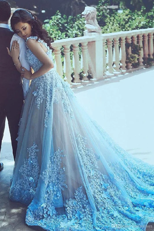 Boho eleganceA-Line Blue Sleeveless Tulle Wedding Dress With Chapel Train OK202