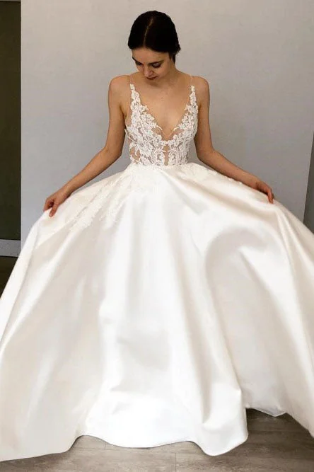 Sleek-modernA-line Deep V-Neck Floor-Length Satin Wedding Dress with Lace Appliques OKR42