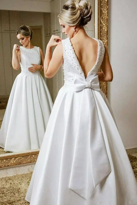 Street-vintageA-Line Jewel V Back Floor-Length Satin Wedding Dress with Beading Bowknot OKR80 Street-vintageA-Line Jewel V Back Floor-Length Satin Wedding Dress with Beading Bowknot OKR80