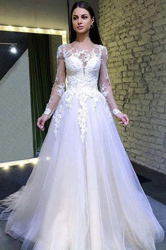 IconicA Line Long Sleeves Round Neck Tulle Lace Appliques Wedding Dress OKP73