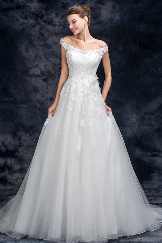 Airy & delicateA Line Off the Shoulder Appliques Tulle Long Wedding Dresses, Bridal Dresses OKQ26 Airy & delicateA Line Off the Shoulder Appliques Tulle Long Wedding Dresses, Bridal Dresses OKQ26