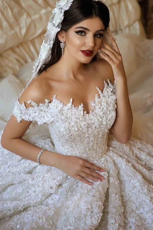 Futuristic-silhouettesA Line Off The Shoulder Tulle Wedding Dress With Lace Applique OKE66