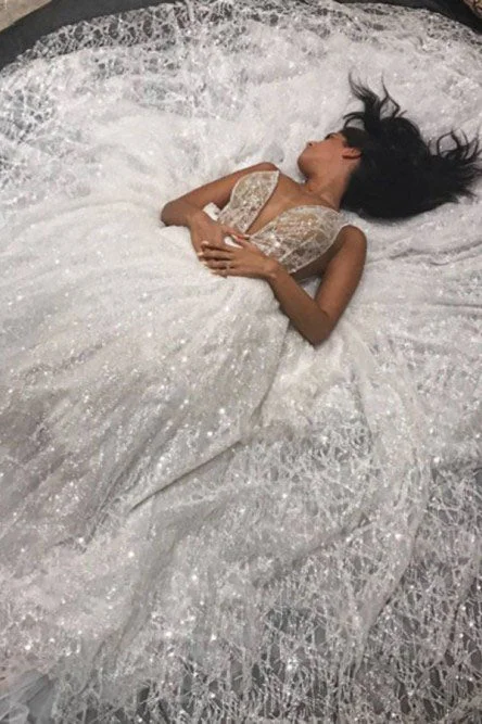 Pure & simpleA-line Spaghetti Straps Floor-Length Lace Sequins Wedding Dress OKR18