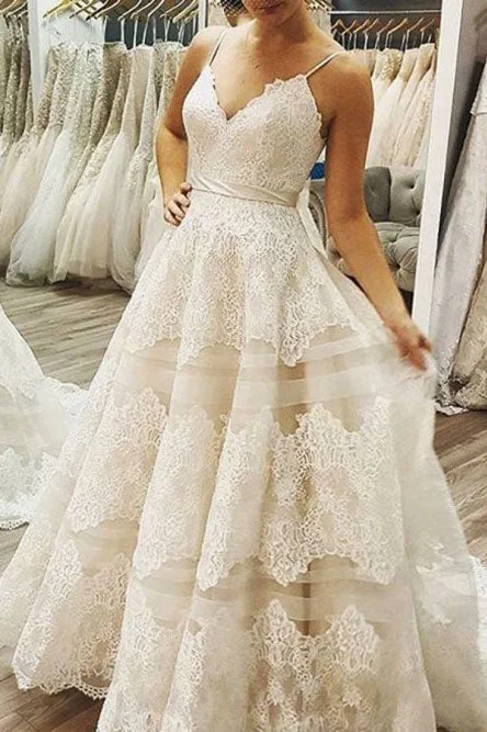 Uncluttered eleganceA-line Spaghetti Straps Ivory Sweep Train Wedding Dress with Lace Bowknot OKR13 Uncluttered eleganceA-line Spaghetti Straps Ivory Sweep Train Wedding Dress with Lace Bowknot OKR13