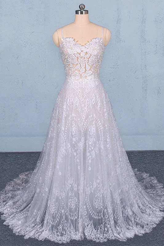 BoldA Line Spaghetti Straps Long Elegant Wedding Dress With Lace OKQ11