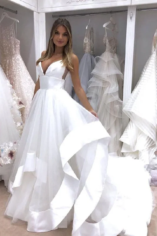 Monochrome-stylishA-Line Spaghetti Straps Sweep Train Tulle White Wedding Dresses Bridal Gown OKM30
