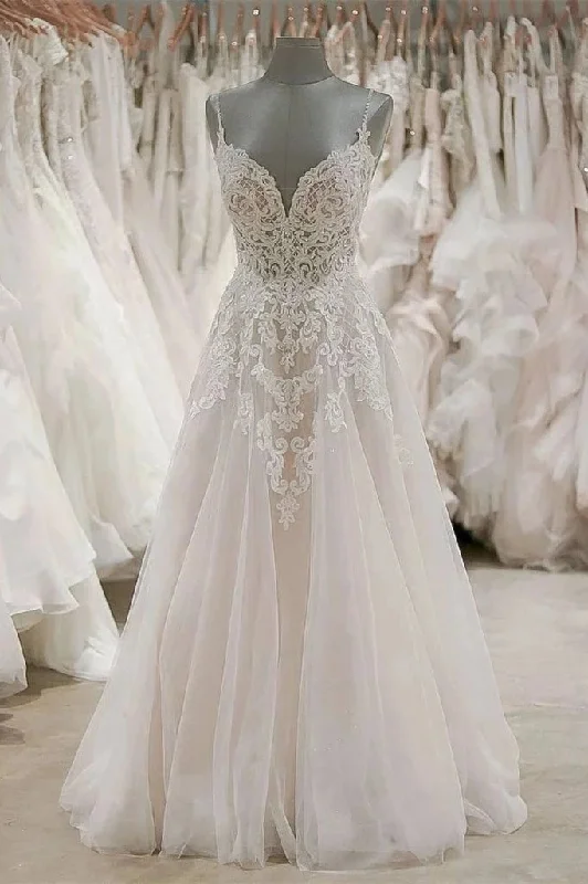 OpulentA Line Spaghetti Straps Tulle Wedding Dress Appliqued Cheap Bridal Dresses OKN94